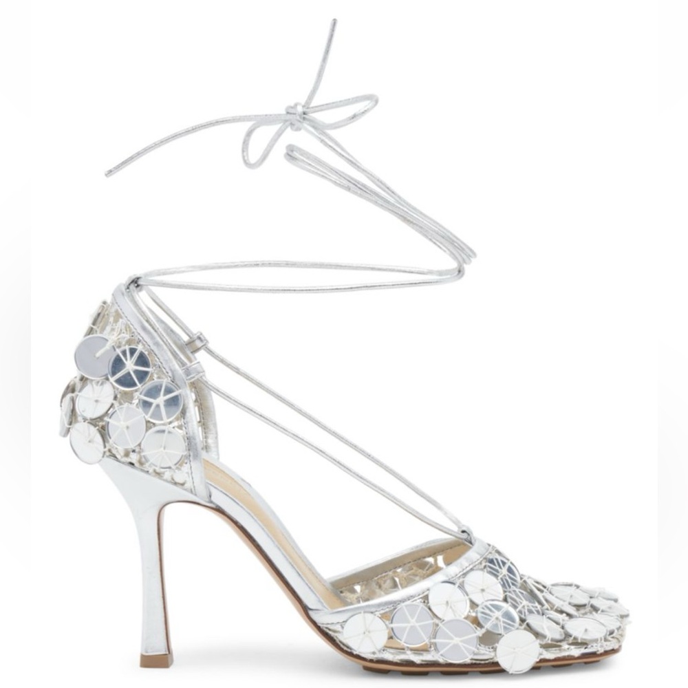 BOTTEGA VENETA Embellished Metallic Wrap Pumps Silver Sequins 3.5” heel
